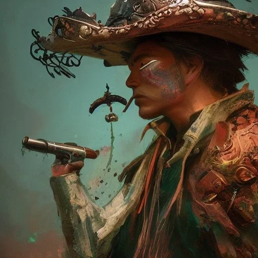 Insanely detailed photograph of an “ a midevil cowboy warrior "with worn Sombrero, handsome charo,cigar,glowing bluish green orb in outstretched hand, hyperdetailed painting by Ismail Inceoglu Huang Guangjian and Dan Witz CGSociety ZBrush Central fantasy art album cover art,8K, hdr, mysterious, flickeringlights ,Stoic