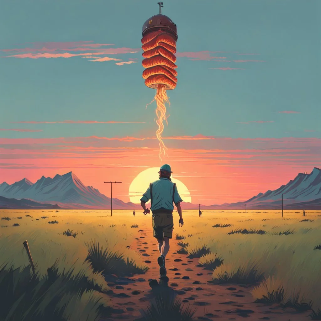 The holy kebab, simon stålenhag style, the kebab man running away with the holy Kebab, on a empty grass field to the sunset, Mountains in the back