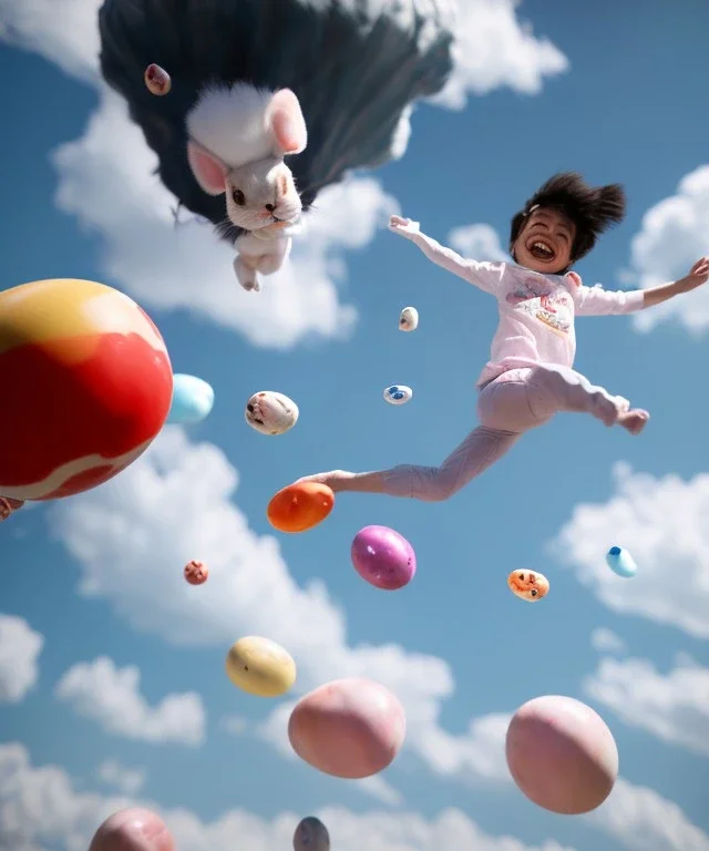 Ultra realistic speed clouds sky scene, wide angle view, childs falling down with many Childs background, rabbit head, circus dress style, feather color, free jumping flying, many trinkets, hair monster, many jelly beans, balls, color smoke, smile, happy, extreme, wind, clouds sea, 20,000 feet altitude, stratosphere, soft color, highly detailed, unreal engine 5, ray tracing, RTX, lumen lighting, ultra detail, volumetric lighting, 3d, finely drawn, high definition, high resolution.