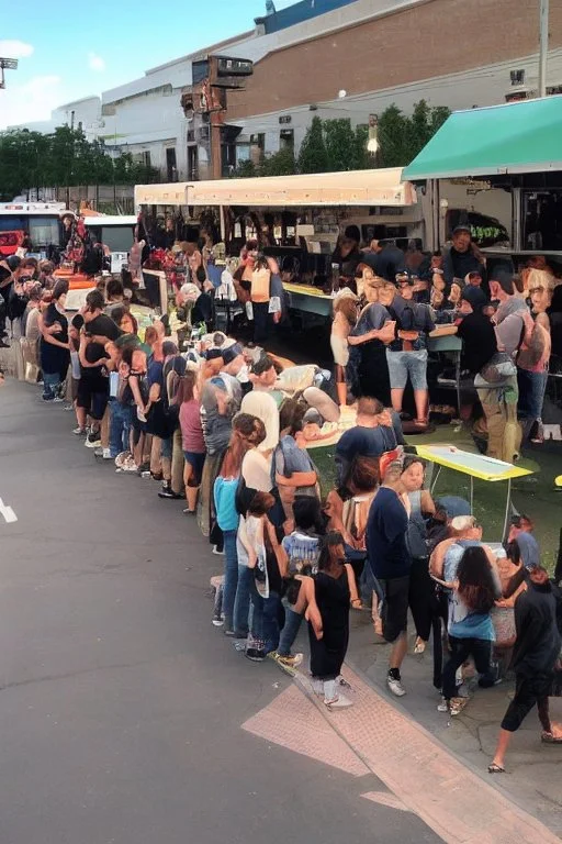 awesome looking food truck with many people lined up . Show the food truck fleet in the background.