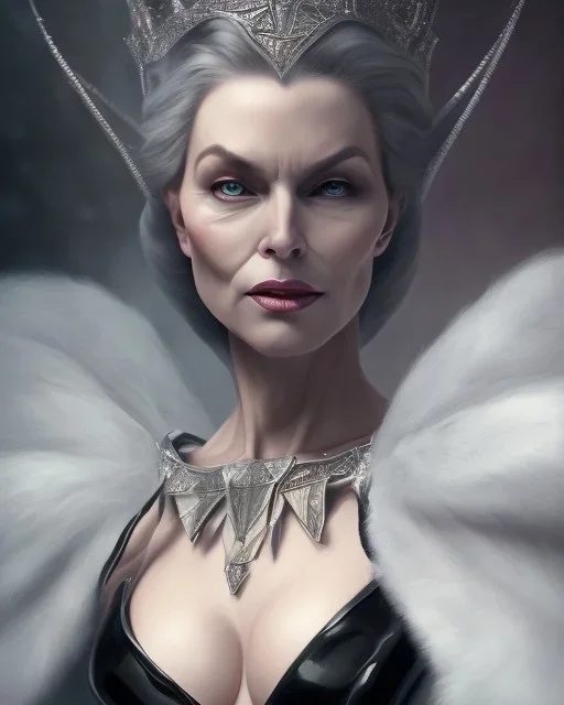 old evil queen in black leather gown, femme fatale, volouptous, busty, cleavage, angry, emperious, 8k resolution concept art portrait by Greg Rutkowski,