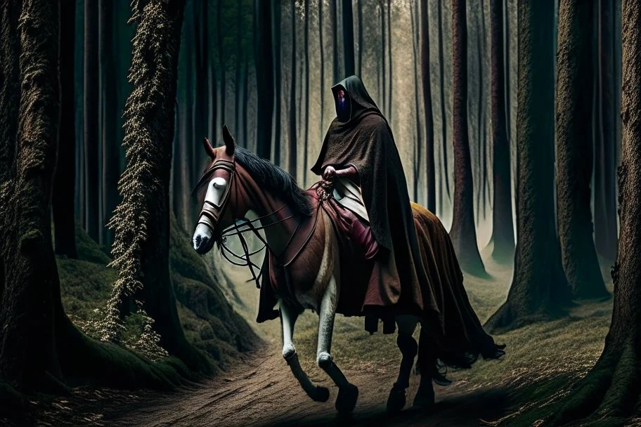 hooded monk on horseback in the forest