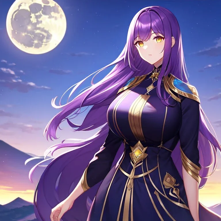 girl, masterpiece, best quality, volumetric lighting, detailed outfit, perfect eyes, long hair, purple hair, golden eyes, landscape, moon,