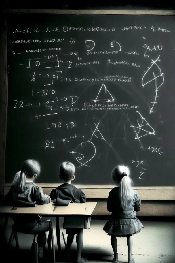 Subatomic particles writing equations on a chalkboard, while educating human children sitting at desks