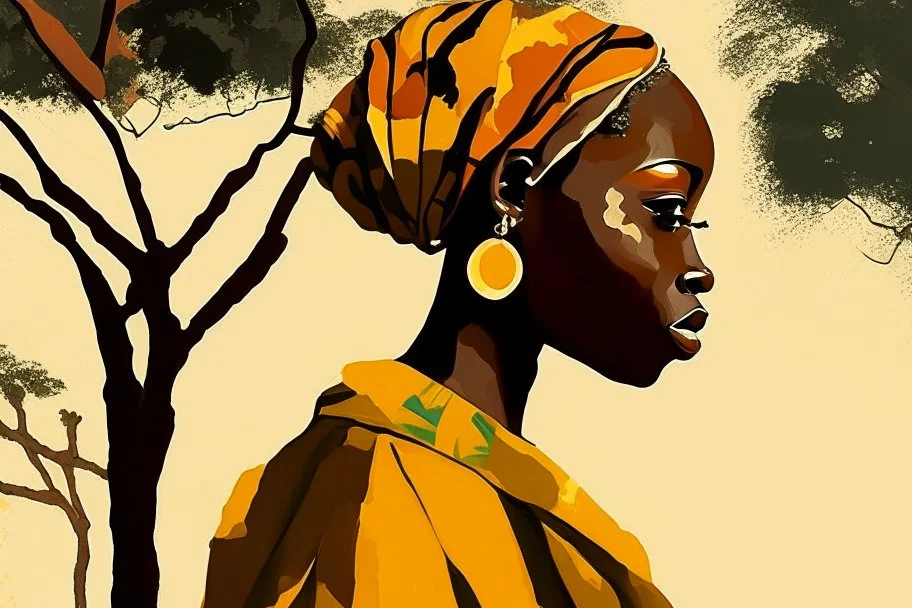 Design, African woman, oil painting, featureless, graphic, drawing without facial features, background, sky, trees, traditional clothes, look to left