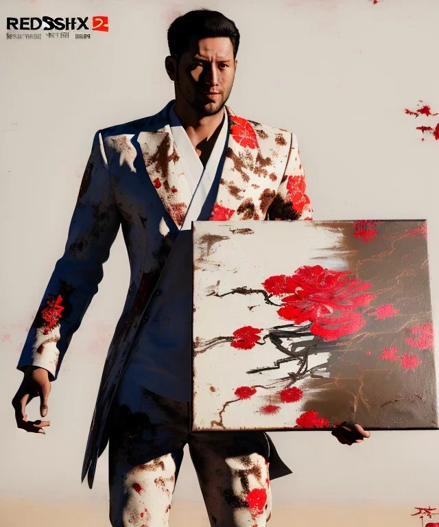 an abstract painting of rusted metal and flowers, Japan Geisha style, 8K, a Highly detailed stunning portrait of Dom man holding a submissive woman by the chain, realistic face, white suit, beard, and short hair, bad boy