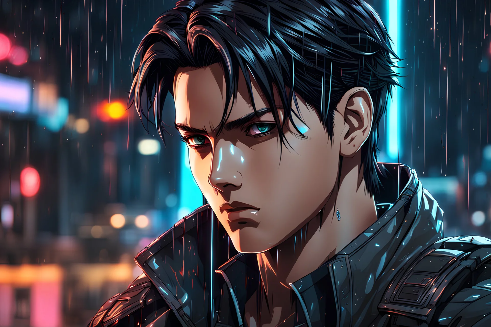 levi 8k anime sci-art drawing style, levi custom, neon effect, close picture, rain, apocalypse, intricate details, highly detailed, high details, detailed portrait, masterpiece,ultra detailed, ultra quality