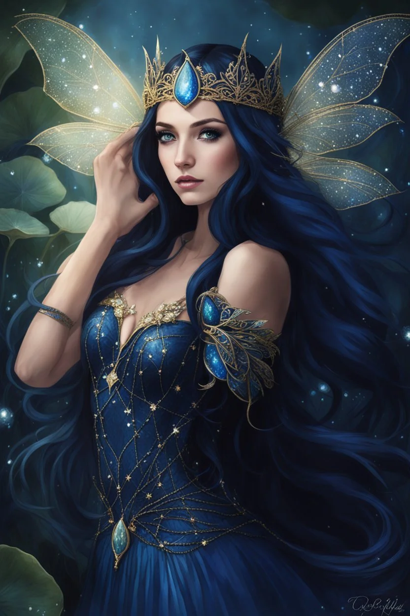 Midnight blue,Dark blue hair,night,dark fairy princess ,elven crown,elven ears,sparkle,glitter,gold armor,dragonflies,rapunzel hair,water lilies