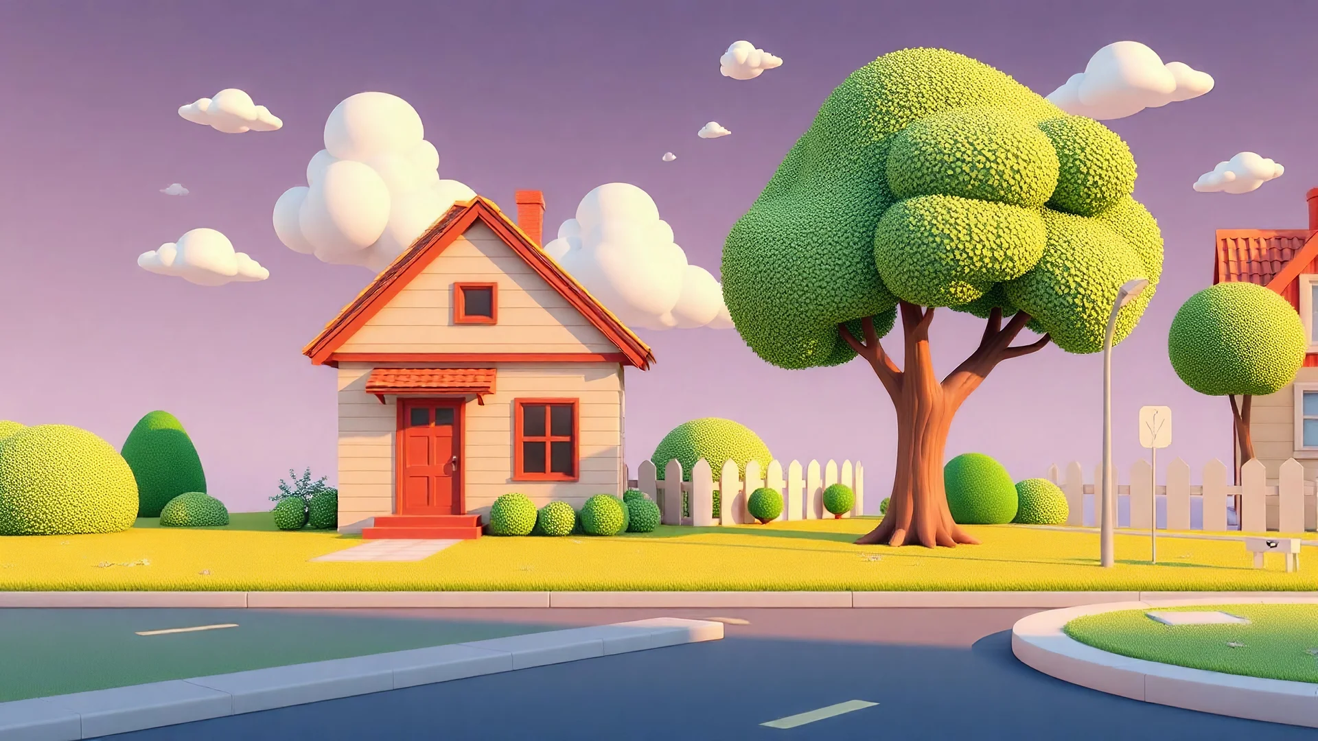 Cartoon 3D landscape, horizontal Street, simple house ) building, tree, fluffy cloud, kindergarten style purpose/ Disney, horizontal road with side walk ( from left to right screen)