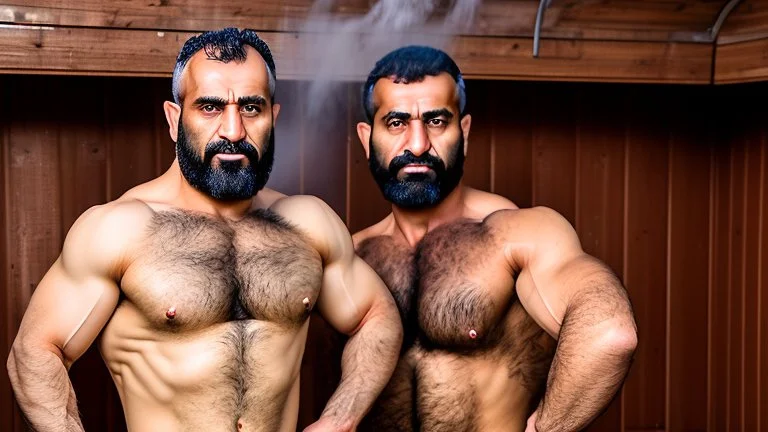 full body shot photography of two arabs angry beefy and strong carpenters unshaved embraced, ugly sitting in a steamy sauna, open legs, 48 years old, burly sweaty manly chest, angry eyes, lot of steam, photorealistic, hyper defined, 35mm lens, frontal view from the ground