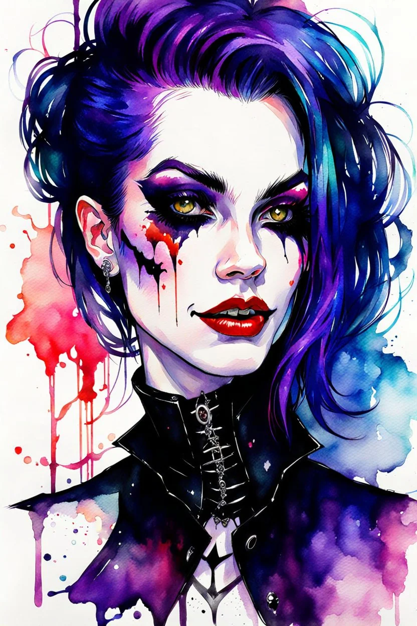 watercolor painting , pen line sketch and watercolor painting of a gothpunk vampire girl ,Inspired by the works of Daniel F. Gerhartz, with a fine art aesthetic and a highly detailed, realistic style