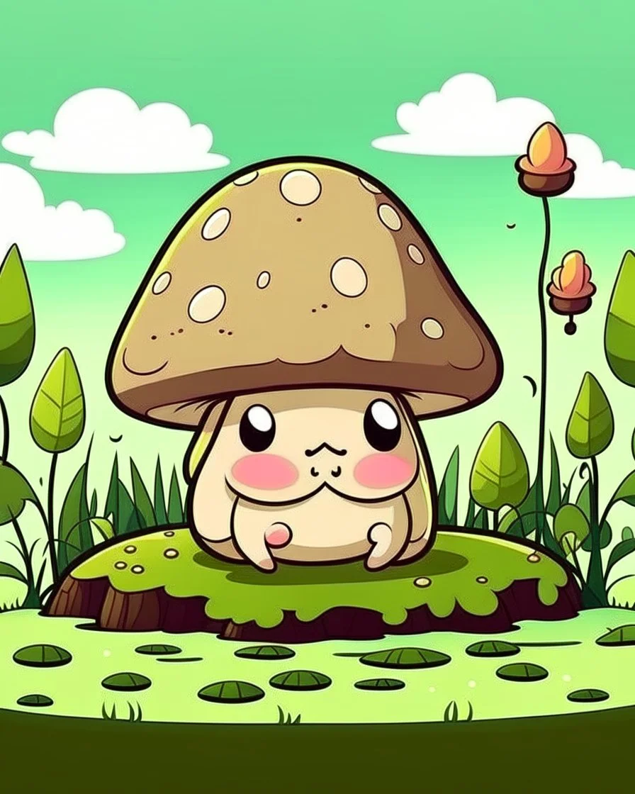 magical kawaii mushroom with a big, frowning mouth and droopy eyes, sitting on a mossy log in a quiet and peaceful forest, lost in its own thoughts, high details, forest background, cute, kawaii style, outline,