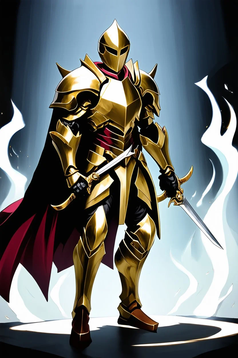 holy knight paladin in darkly gold armor and a cape wielding a sword in abyss