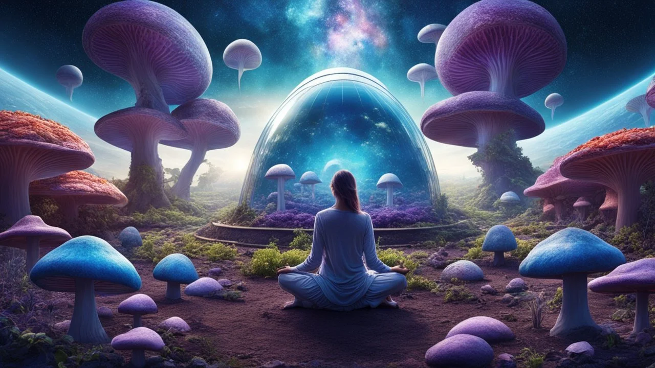 vegetable plantations in domes, colonization of the planet, beautiful women sitting without bro meditating on blue, purple mushroom in space,