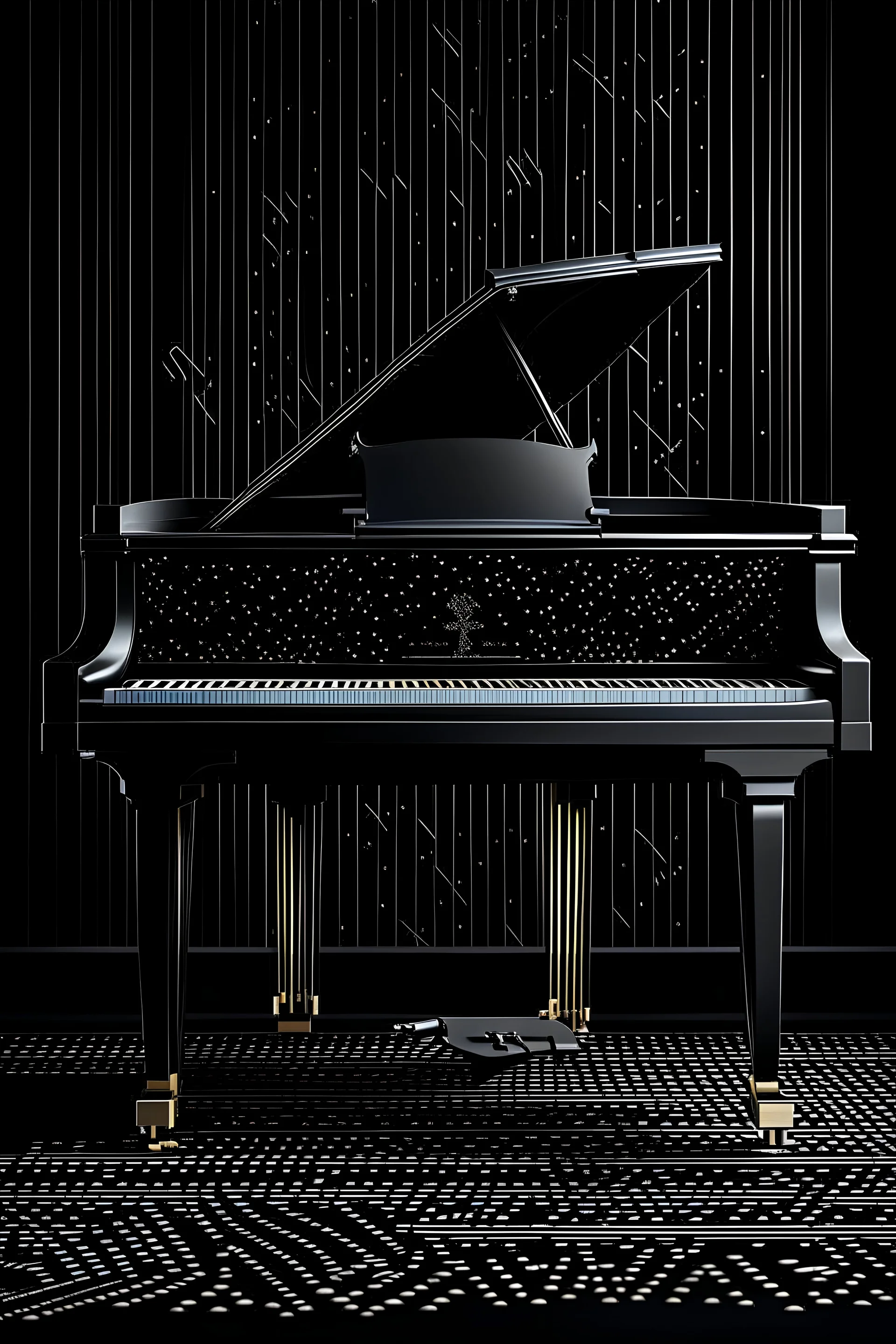 black piano with zig-zag musical notes against a dark background