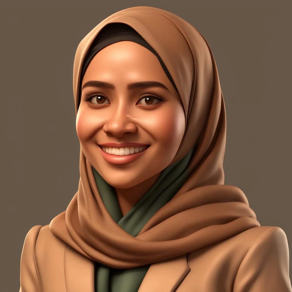 a portrait of smiling moslem woman. indonesian. carricature. wearing light headscarf. warm undertone brown face skin. black eye pupils. diamond face shape. formal blazer dress. pixar style. 3D. 4k. portrait. highly detailed. sharp focus. high resolution. full color. cinema lighting