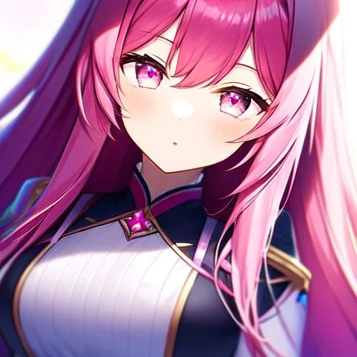 girl, masterpiece, best quality, volumetric lighting, detailed outfit, perfect eyes, dark pink hair, pink eyes, long hair, close-up,