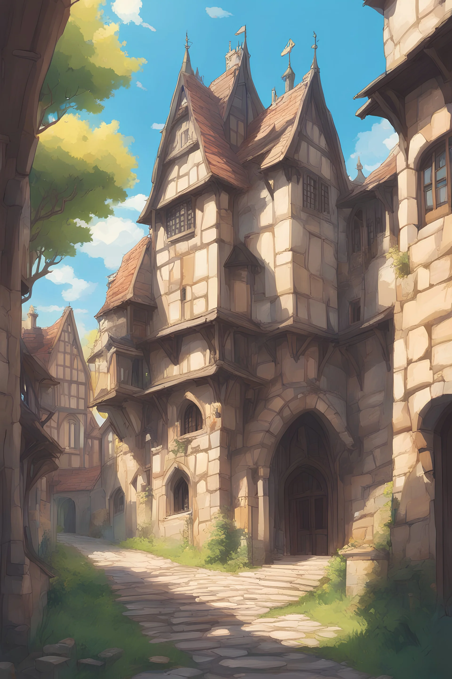 Prespective medieval architecture, sunny day, ghibli artstyle