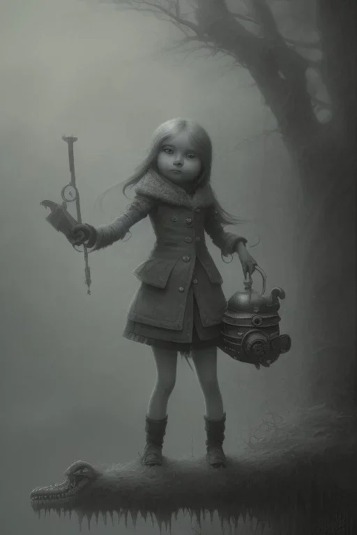 cute girl and litlle monster, Style John Kenn Mortensen,