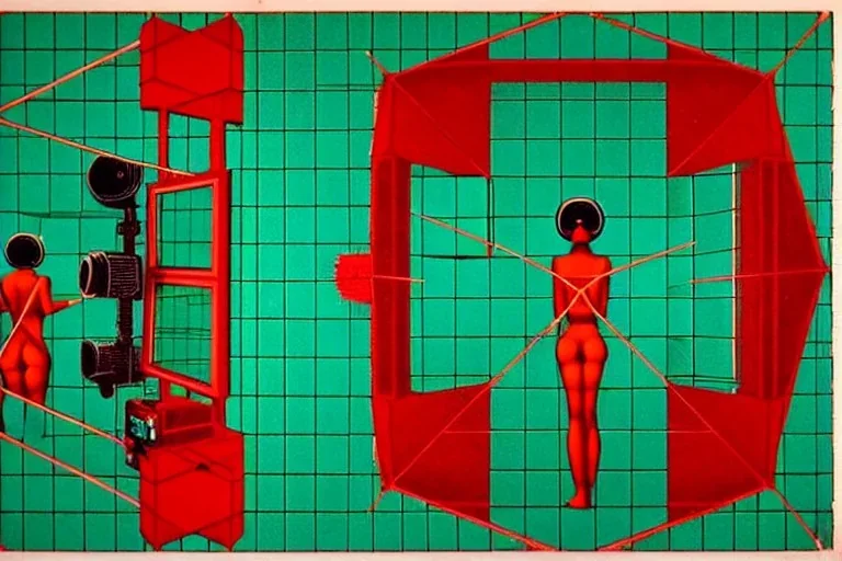 Reflective surface, dark green to cyan body color. Girls with slim body and big butts. Behind. Old-fashioned cameras integrated to heads of the aliens. Noetherian Cyber-punk. Surrealistic, no eyes. Red&blue 3D-tiling. Escher tiling, paranoid atmosphere. Soviet propaganda. Partly symmetrical in relation man. Perfect golden ratio in vertical and horizontal directions. Deep blue geometrical hexagon in 11th dimension. Tessellation in 6-dimensional space. Perspective derived Cohen structure theorem