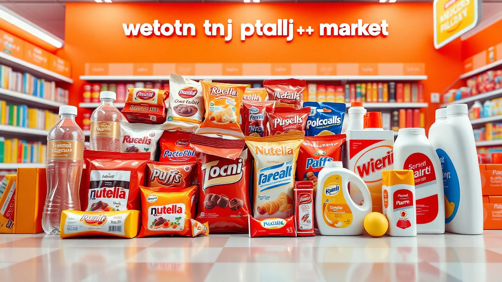 A 3D design of supermarket products such as mineral water, chocolate, packaged cakes, chips, puffs, Nutella, Rani, candy, shampoo, detergent with an orange, red, and white color theme and the text (welcome to toranj plus market) at the top of the photo in a special psychedelic space.