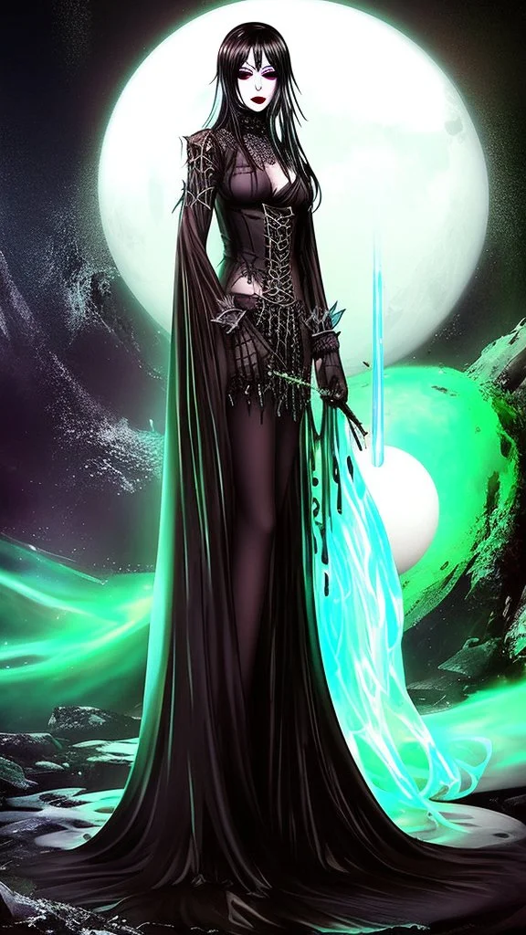 Full body and headshot of a young gothic woman dressed in clothing dripping like liquid, with no hat, with a multiverse background