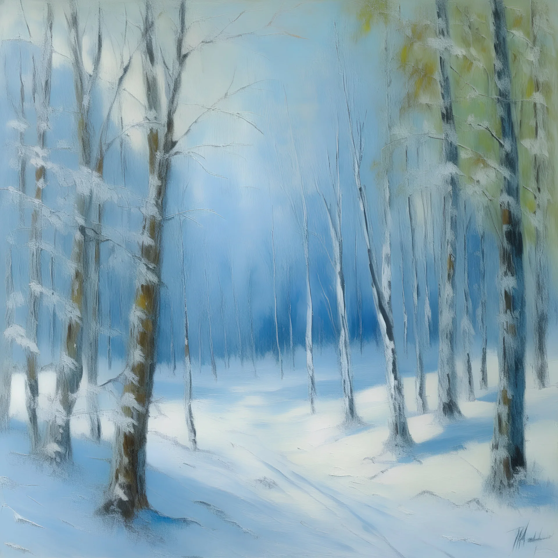 A light blue winter forest with falling snowflakes painted by Claude Monet