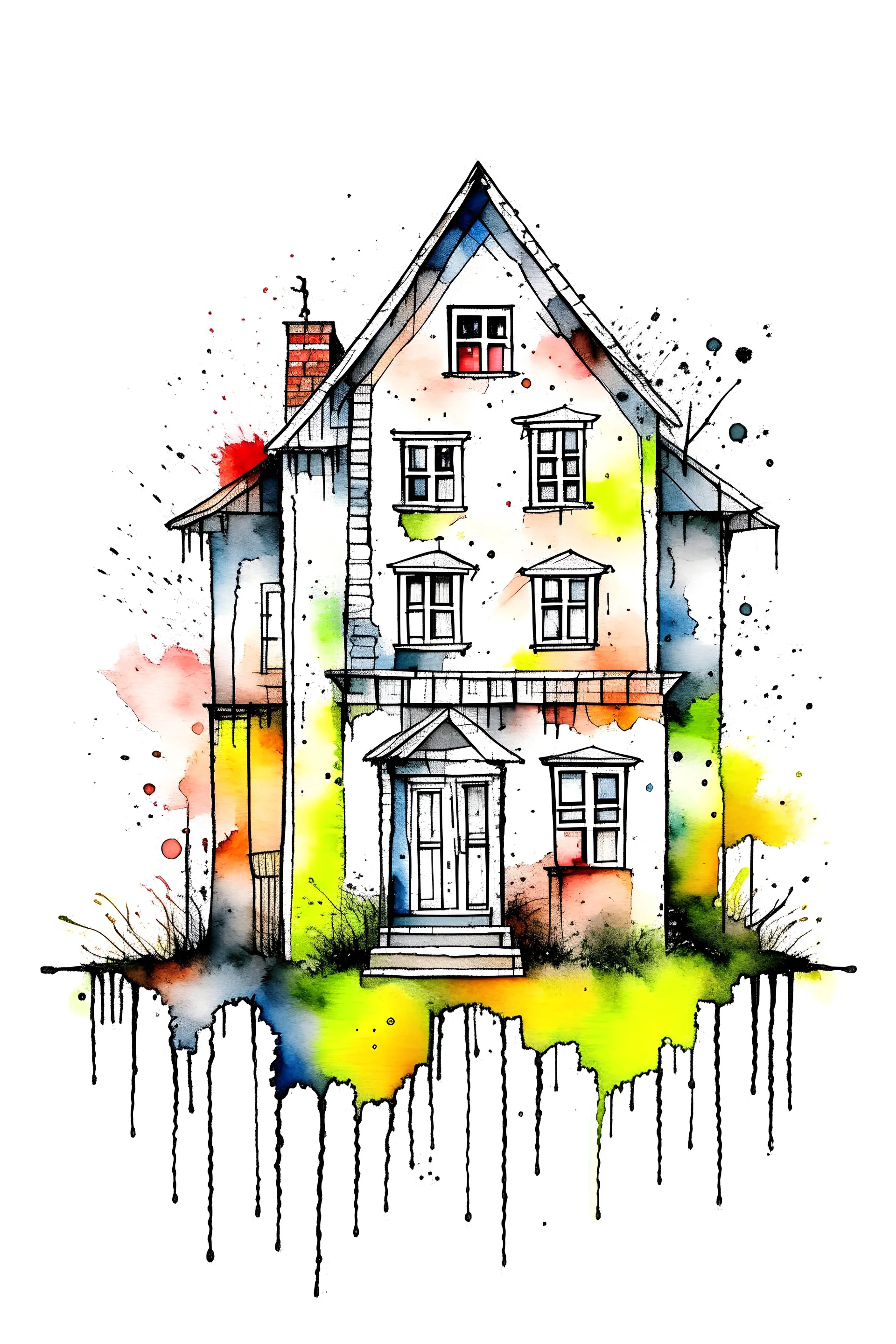 watercolor with splatter sketch of a doll house with transparent background in png format