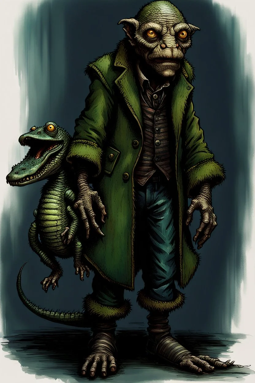 Artist Jean-Baptiste Monge style. A old biomorph male humanoid with Alligator face. Bright eyes. A green and blue striped outfit. Modifiers: Tim Burton Craig Rutkowski Modifiers:neon glowing Iridescent black ink