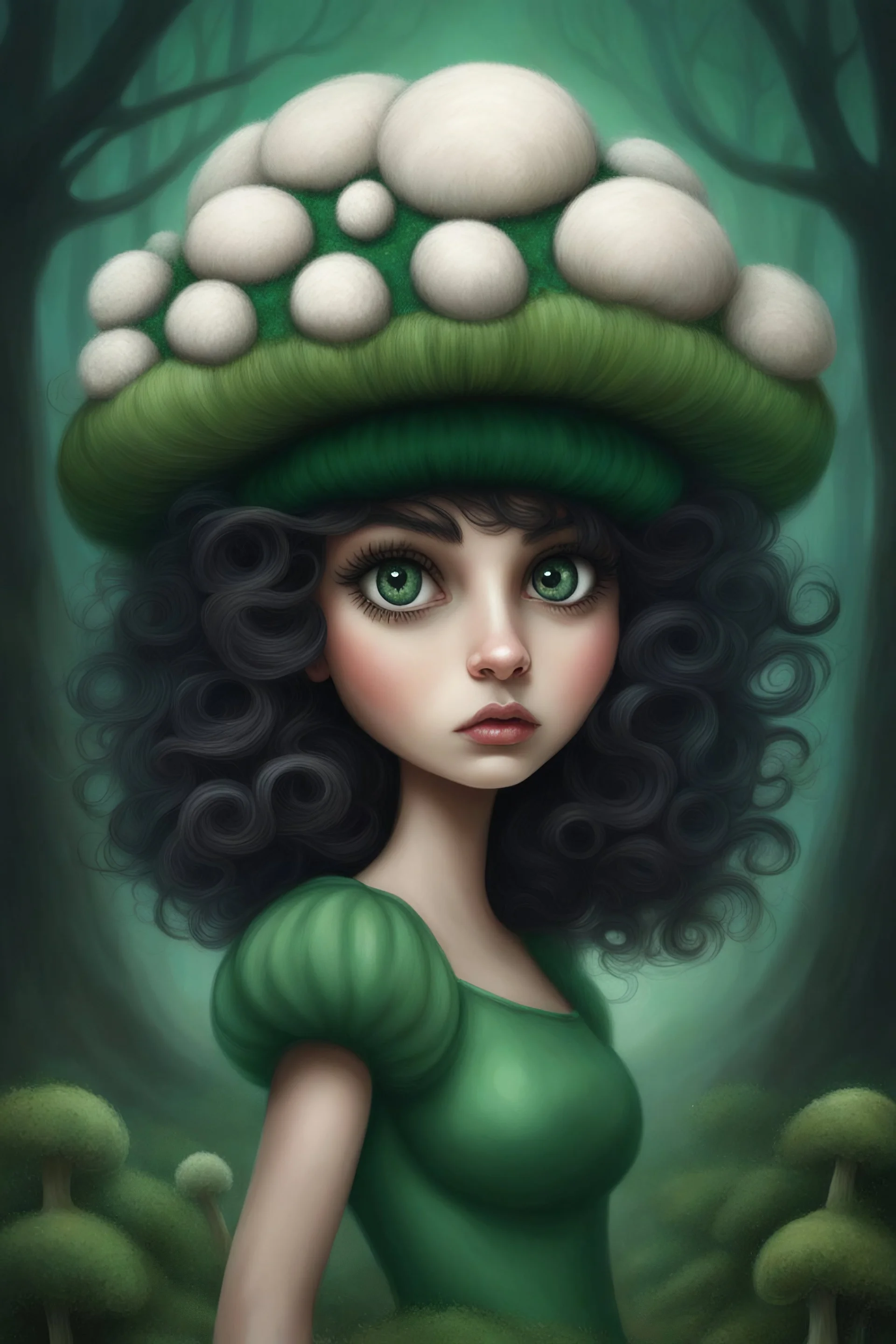 puffball mushroom hat, puffball mushroom fairy, big wavy dark hair, big dark green eyes with the world in her eyes!!, in the style of Salvador Dali