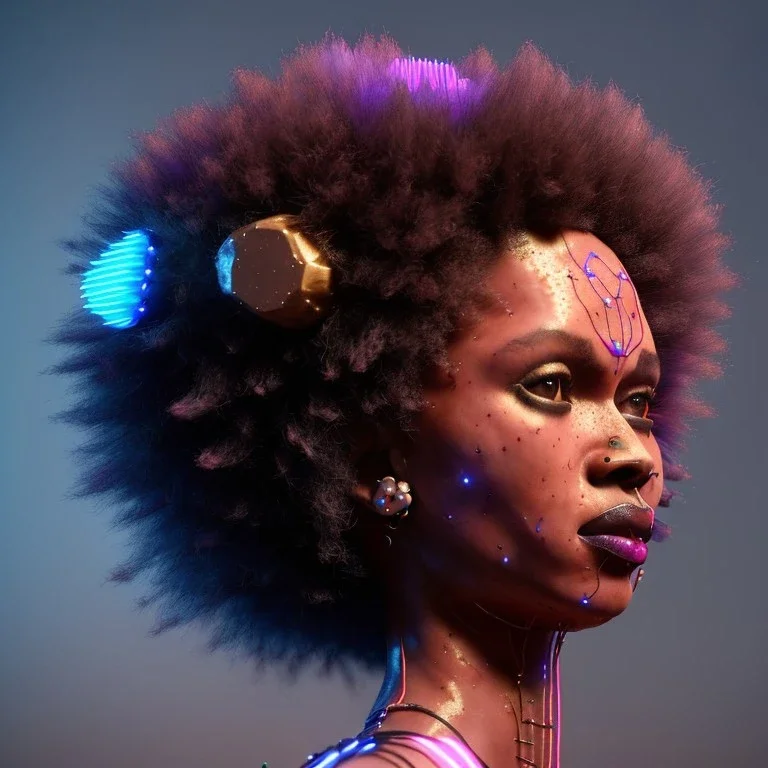 pretty afro cyber woman, cold ambient, latex, cables, purpurin, blood, black, gold, piercings, brown, decorative color feathers, circuits, neon style, a lot of led lights, fog, rain, vibrant color, highly detailed, art stations, concept art, smooth, unreal engine 5, god rays, ray tracing, RTX, lumen lighting, ultra detail, volumetric lighting, 3d, finely drawn, high definition, high resolution.