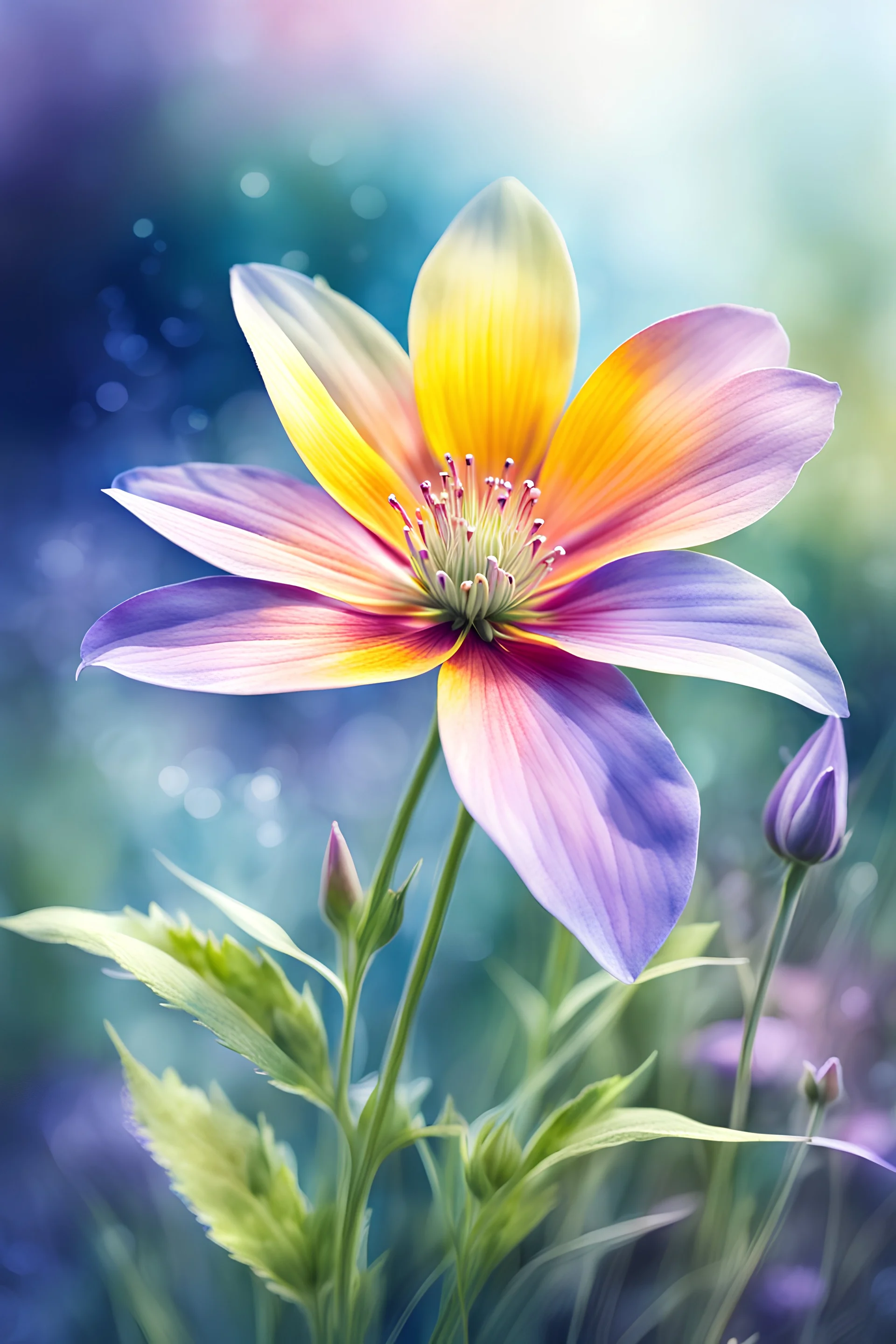 "Beautiful hippie long exposure Digital watercolor Illustration of a Beautiful wildflower hippie, Stylized watercolor art, Intricate, 3D, HDR, Sharp, soft Cinematic Volumetric lighting, pastel colours, perfect wide long shot visual masterpiece"