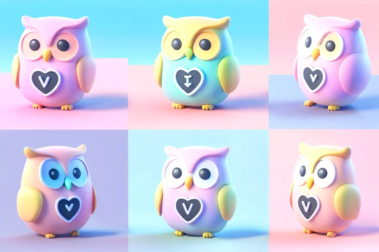 Tiny cute isometric Owl like emoji that is a Co2 monitor with LCD display, heart shape, soft lighting, soft pastel colors, 3d icon clay render, blender 3d, pastel background --v 4 --s 750