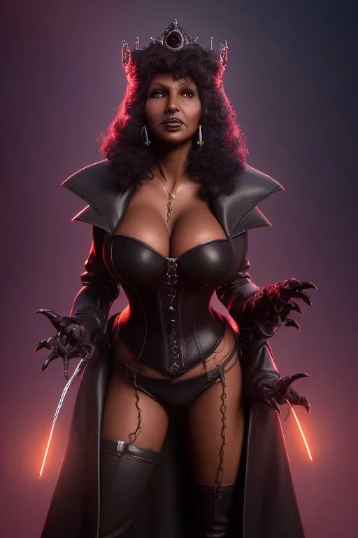 Pam Grier as evil queen in black leather, leather, busty, cleavage, angry, stern look. character design by cory loftis, fenghua zhong, ryohei hase, ismail inceoglu and ruan jia. unreal engine 5, artistic lighting, highly detailed, photorealistic, fantasy