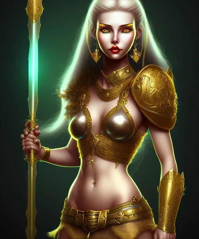 lady warrior with gold short top and flower