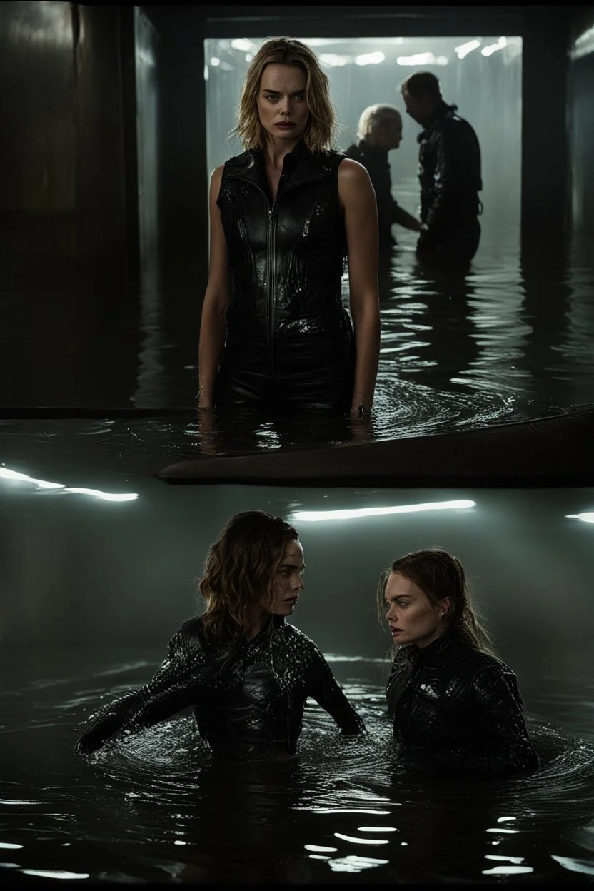 Margot Robbie and Georgia Henshaw in full black leather, trapped in a flooding chamber as water comes up to their necks.