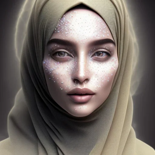 close up portrait of woman in hijab morphing into duststorm, blowing dust, hijab and face turning into particles of dust, artwork manipulation, ray tracing, sharp focus, fine detail, highly intricate, modern surrealism painting, defined cracks and breaks, high-quality, volumetric lighting, 8k, ultrahd, George Grie, Marco Escobedo, Igor Morski,Brian Froud, Howard Lyon, Selina French,