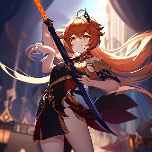 Clear focus,High resolution, Brown long straight hair, and yellow eyes, wearing a Genshin Impact Inspired outfit,Wearing a short skirt, Color pallete red orange black, dancing in the moonlight, Potrait, Smiling, Holding a sword, Face only