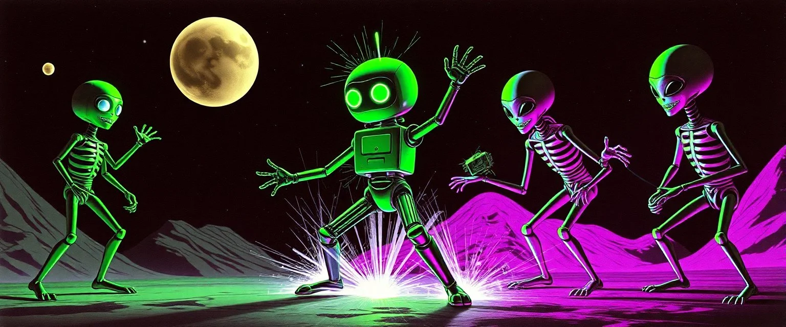 A robot named Dave started doing the splits, Blew a fuse in his hips and short-circuited his bits, The Martians went wild, the Plutonians screamed, Even black-and-white aliens turned ultraviolet green!