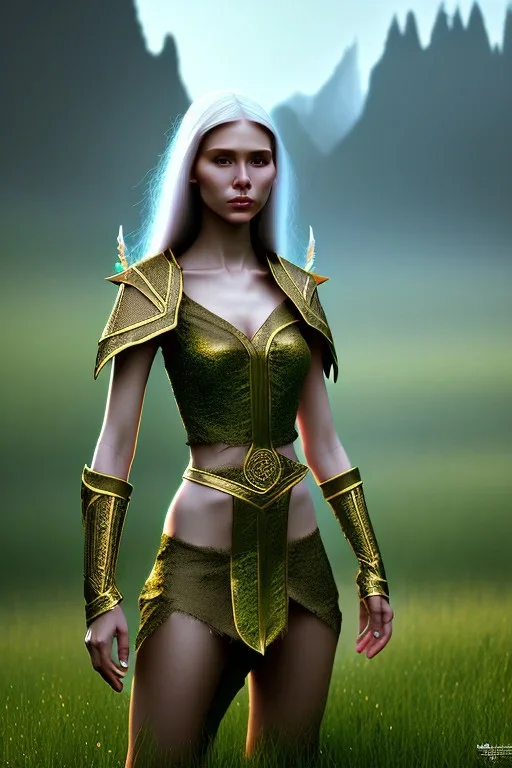 elven young woman, wearing light dress, luminous weather, field in the mountains, realistic 3d render, mortal kombat style, unreal engine