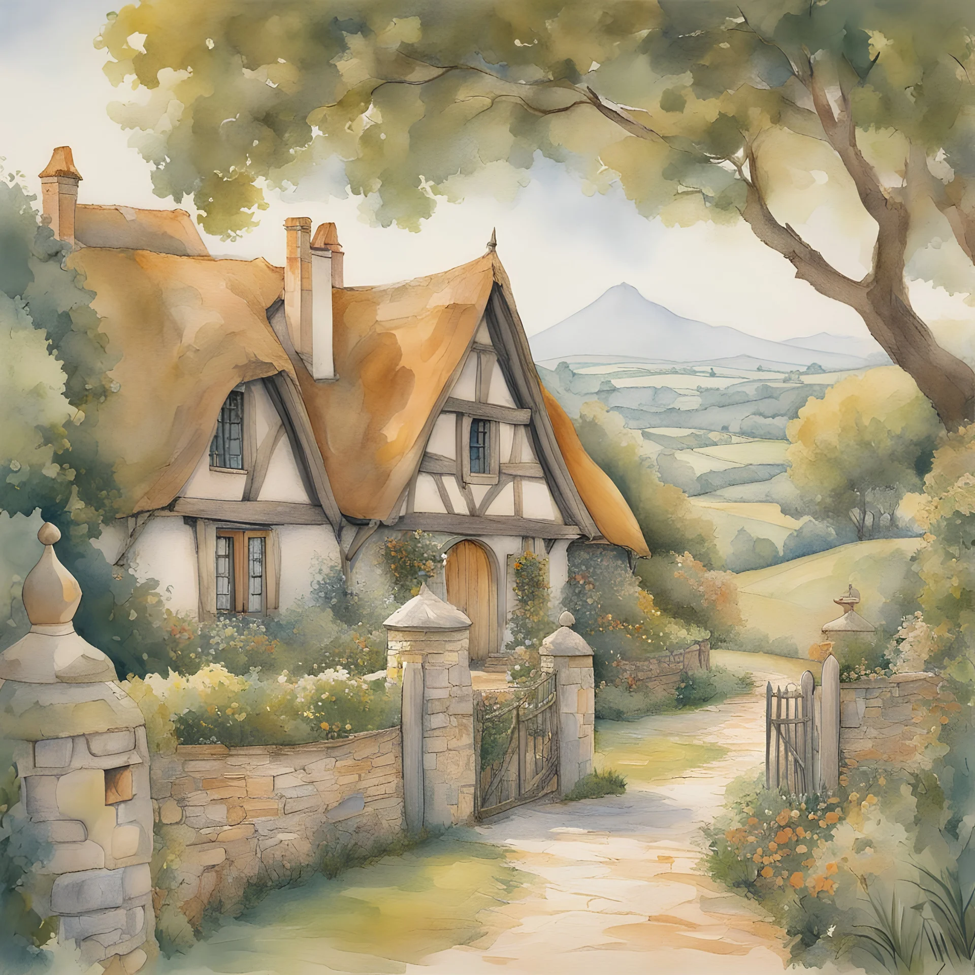 Style Cézanne, luxury, dream world, calm beauty, fantasy world, magic, beautiful composition, exquisite detail, hobbiton, sketch drawing, lineart, watercolour