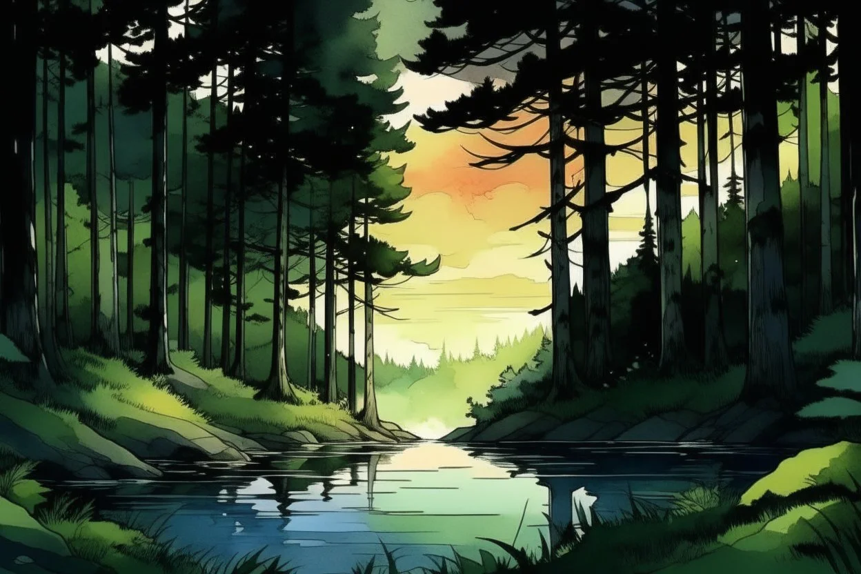 retro anime style, full color, dark serious 1980s anime style, A lake in the forest, watercolor, forest