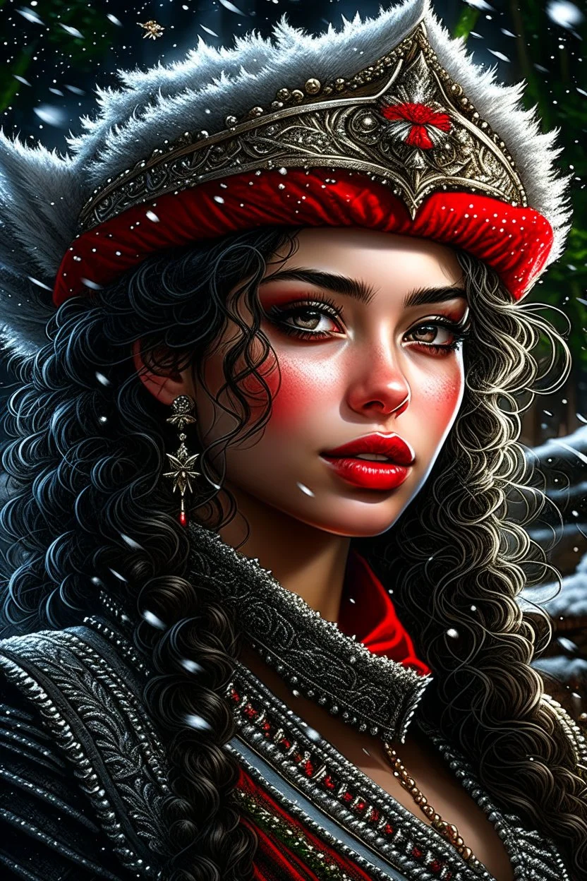 depth of field, photorealism, downlight, Magic camping site, beautiful, ornate dress uniform, casting spell water snow fly, black wavy hair, enchanted fantasy, cinematic composition, very detailed red machine components, one camera lens eye and shiny black hair, hazel green eyes, 24k, ornate, intricate, complex, digital painting, smooth, art by royo and tom bagshaw.