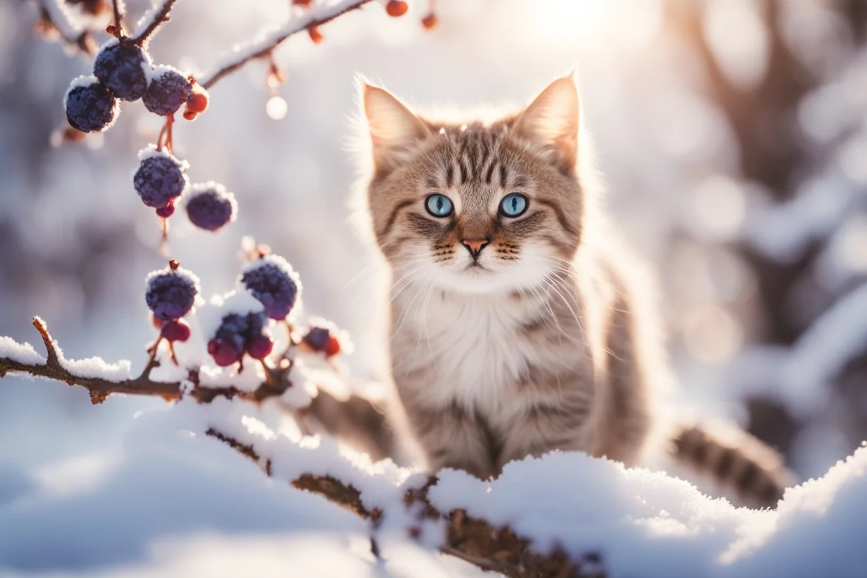 A beautiful colourful little cat catches a purple berry while standing on a snowy branch in sunshine, ethereal, cinematic postprocessing, bokeh, dof