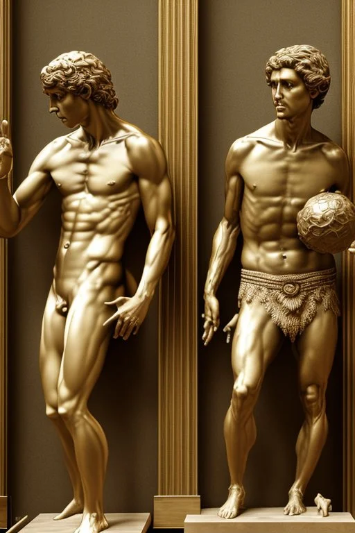 in a modern art display, two famous statues are next to each other, one is David and the other is the Discobulus statue. The discobulus hand covers the private part of David, they both look disgusted at each other