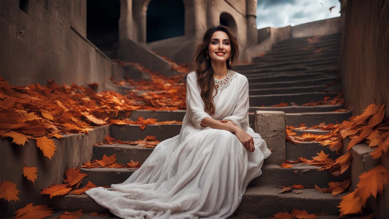 Hyper Realistic Photographic-zoomed-face-view Of a Beautiful Pashto Woman with Beautiful Eyes in White Dress Smiling & sitting alone on the Wide-angle-Beautiful-Staircase Of A Huge-Abandoned-Dark-&-Detailed-Crafted-Fort In An Autumn Season with dried Orange Leaves on the land with cloudy-moonlight dark night showing dramatic & cinematic ambiance.