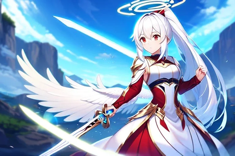 girl, masterpiece, best quality, volumetric lighting, detailed outfit, perfect eyes, long hair, white hair, red eyes, ponytail, armored dress, dynamic pose, halo, white wings, holding sword, landscape, fisheye, lens flare abuse,