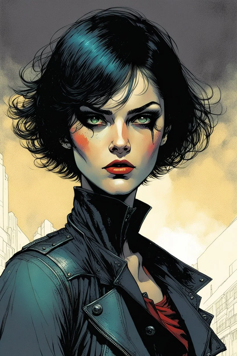 create a young vampire biker girl with short cropped hair, in the graphic novel style of Bill Sienkiewicz and Jean Giraud Moebius, highly detailed facial features, grainy, gritty textures, dark and foreboding