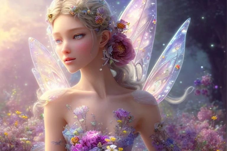 one very little beautiful fairy on a big crystal subtle flower in a galactic ambiance, transparent petals, delicate colors, in the foreground, full of details, smooth, bright sunshine，soft light atmosphere, light effect，vaporwave colorful, concept art, smooth, extremely sharp detail, finely tuned detail, ultra high definition, 8 k, unreal engine 5, ultra sharp focus