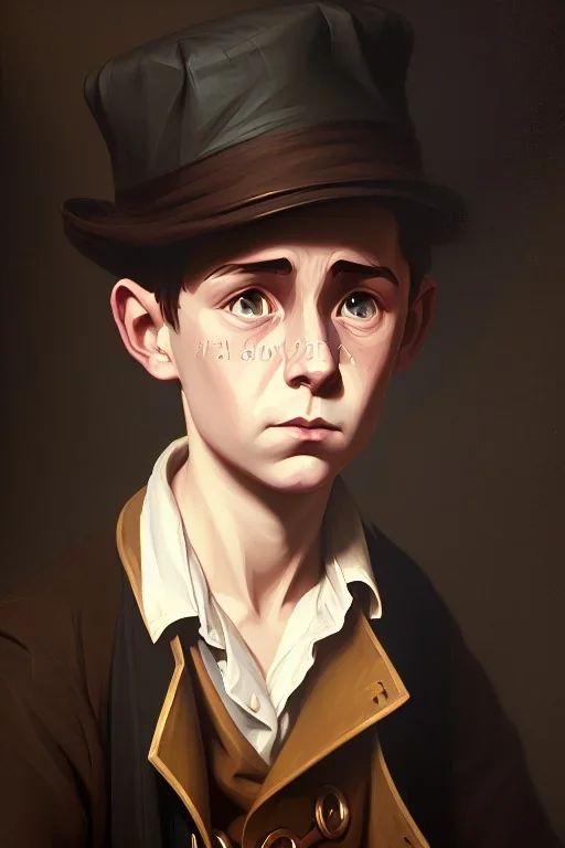 old oil painting, portrait of oliver twist, boy crying, oil on face, 1800s clothes, wearing tophat, factory and oil in background, realistic detail, atmospheric lighting